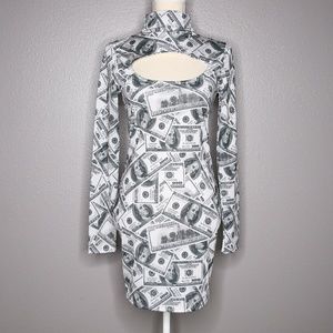 Money Print Long Sleeve Turtle High Neck Cutout Mini Dress